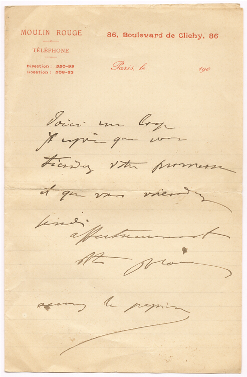 Billet de Polaire adress&eacute; &agrave; Pierre Lou&yuml;s  Ao&ucirc;t 1909